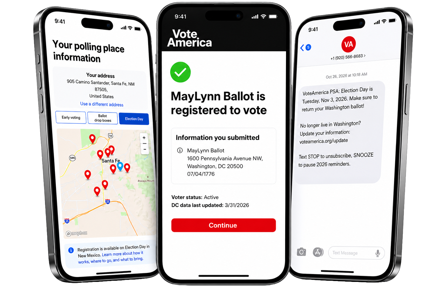 VoteAmerica+ tools on mobile: a polling-place finder, a confirmed voter registration, and an automated election reminder text.